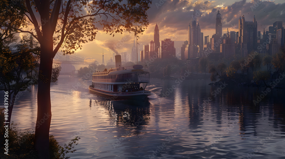Fototapeta premium Backdrop featuring a ferryboat crossing a calm river with a city skyline in the background