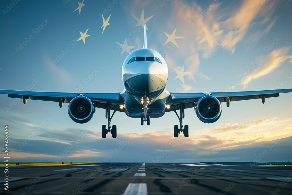 Airplane landing on runway at airport making flight journey with yellow stars of european union in background abstract Airplane landing on runway at airport making flight journey with yellow stars of european union in background abstract