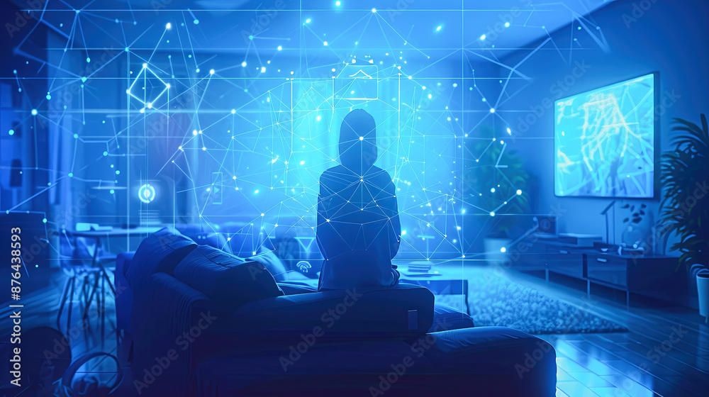 Silhouette of Person Sitting on Sofa in Futuristic Blue Lit Living Room with Digital Network Connection Lines and Data Points Metaverse, Smart Home, Digital Living Concept Silhouette of Person Sitting on Sofa in Futuristic Blue Lit Living Room with Digital Network Connection Lines and Data Points Metaverse, Smart Home, Digital Living Concept