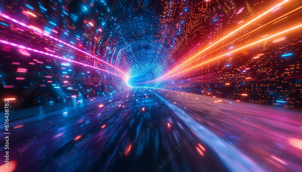 Obraz premium Neon speed light trails weaving through a 3D abstract highway, vibrant colors and motion effects,