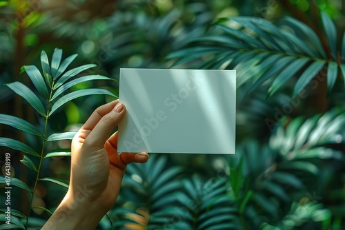 A hand holding a blank piece of paper in a lush green forest