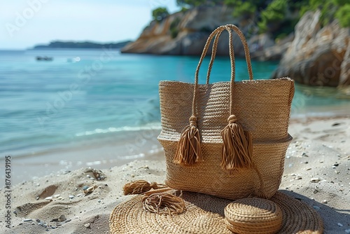 A beach scene with a tan bag with a fringe on it