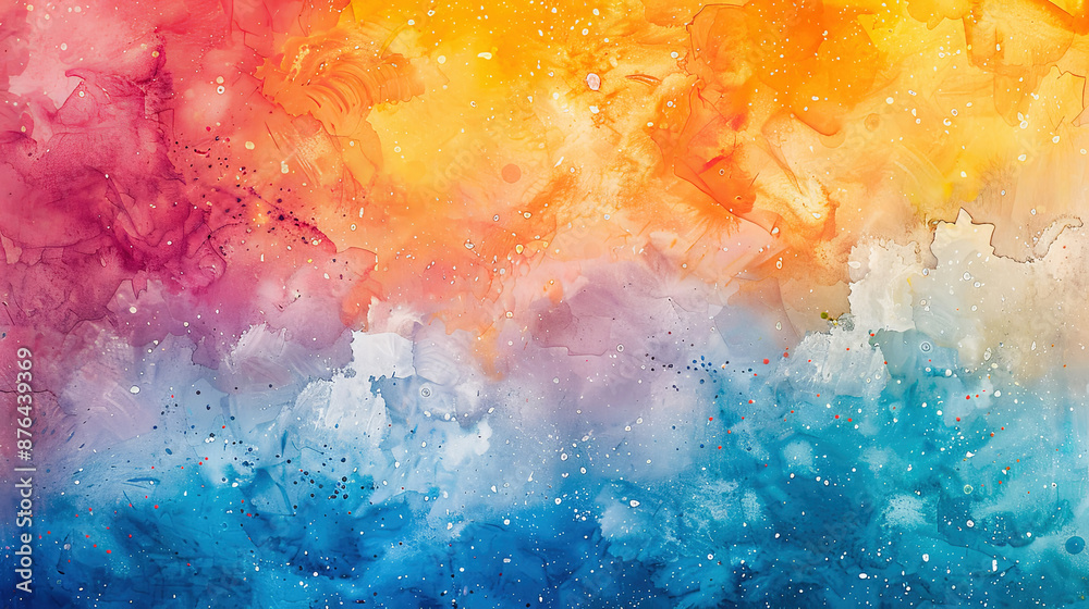 Fototapeta premium Abstract Watercolor Background in Blue, Purple, Orange, Yellow, and White with Swirls, Splashes and Copy Space