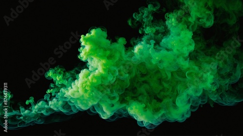 A Vibrant Explosion of Green Smoke, abstract dynamic of green smoke billowing and swirling against a dark background, The vibrant color and ethereal forms create a sense of mystery, energy, movement.