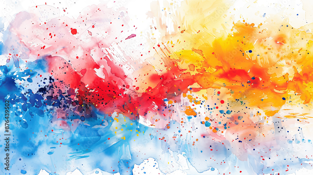 Fototapeta premium Abstract Watercolor Background Texture, Colorful Splashes and Swirls, Artistic Painting, Vibrant Hues of Blue, Red, Yellow and Orange, Digital Art, Modern Art