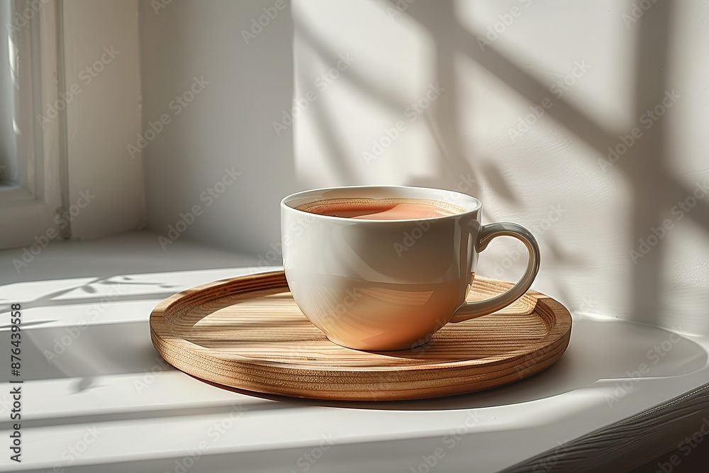 Obraz premium A white coffee cup sits on a wooden tray by a window