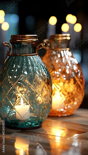 Candles in glass bottles on wooden table in cafe, closeup
