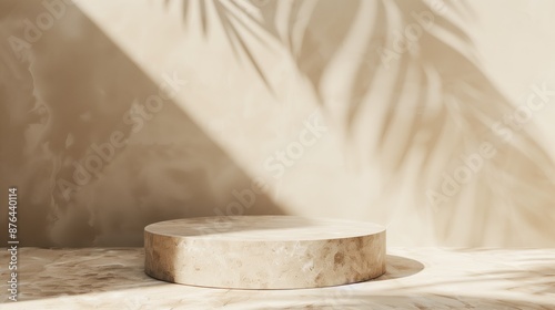 Sandstone podium with palm shadow backdrop for luxury product displays in a minimalist aesthetic.