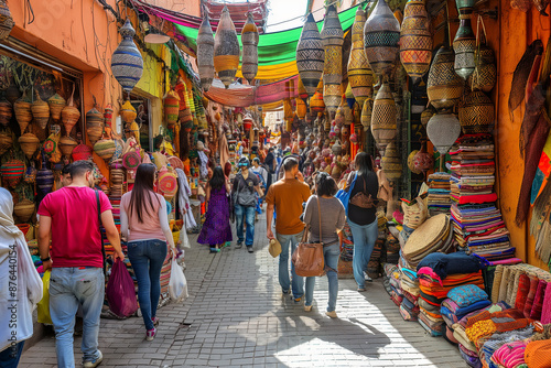 A busy market with people walking down a narrow street