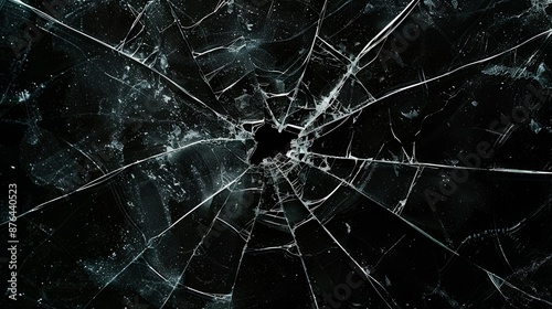 Broken glass on a dark background. After the impact, the glass surface has cracks diverging from the point of impact or bullet hit. The concept of destruction, vulnerability and fragility of existence