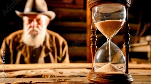 An hourglass on a wooden table with an elderly man in the background, illustrating the passage of time in a rustic setting. photo