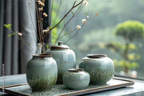 A tray with four vases on it, all of which are green and have a similar design photo