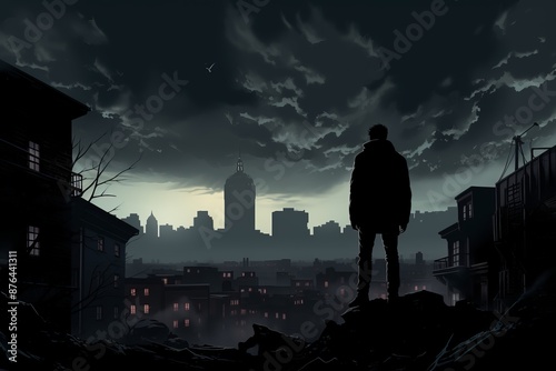 A silhouette of someone standing on the edge of a building at night, contemplating their final leap into darkness and despair