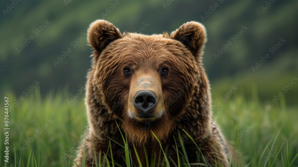 Fototapeta premium Grizzly bear standing in tall green grass