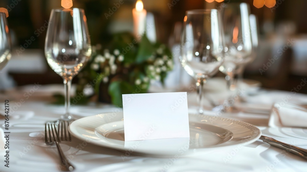 Festive Wedding and Birthday Party Table Setting: Elegant Cutlery and Plate Arrangement with Vertical Blank Paper Card Modern Mediterranean Dinner Menu Design Template Festive Wedding and Birthday Party Table Setting: Elegant Cutlery and Plate Arrangement with Vertical Blank Paper Card Modern Mediterranean Dinner Menu Design Template