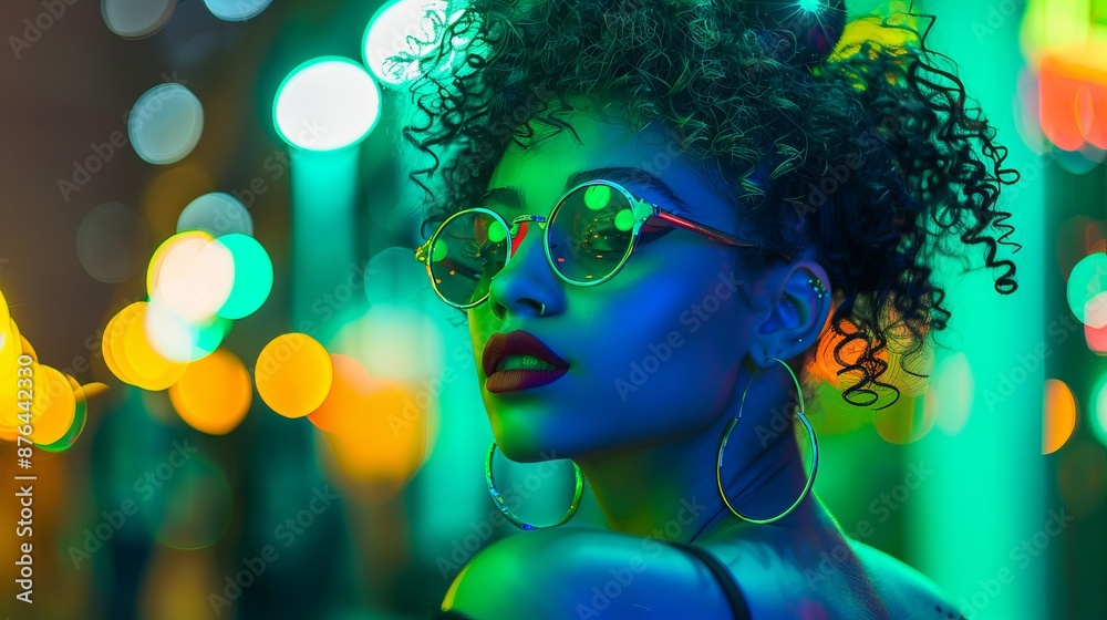 A stylish young woman with bright neon hair and makeup poses in vibrant green city lights, creating a striking and fashionable portrait. A stylish young woman with bright neon hair and makeup poses in vibrant green city lights, creating a striking and fashionable portrait.