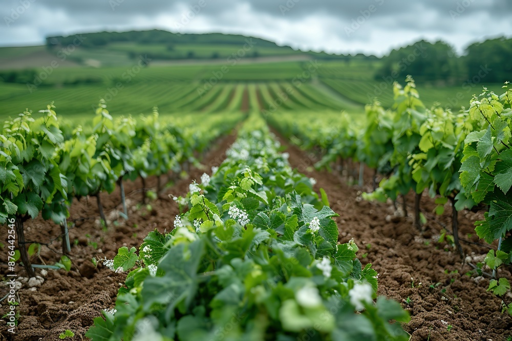 A field of grape vines with a cloudy sky in the background A field of grape vines with a cloudy sky in the background
