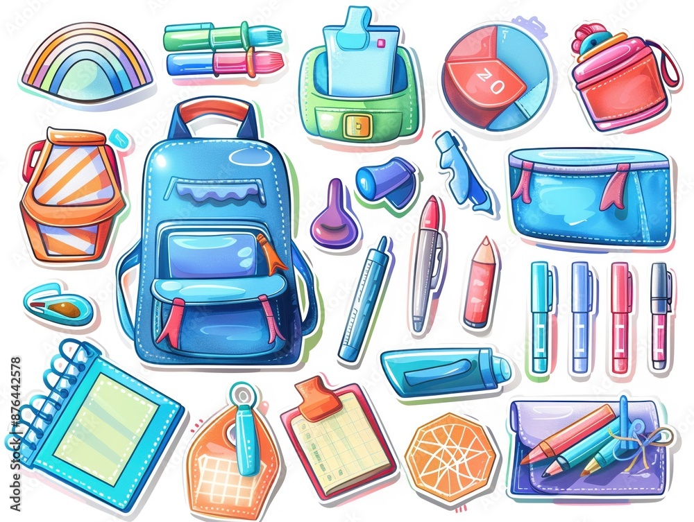 a variety of school stickers and labels, decorative supplies, photorealistic, colorful, isolated on white background a variety of school stickers and labels, decorative supplies, photorealistic, colorful, isolated on white background
