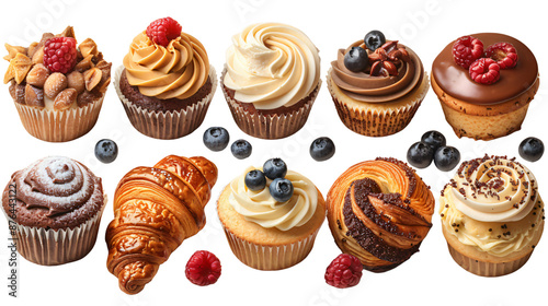 Realistic images featuring various pastries such as cookies, croissants, cupcakes, and cakes against a transparent background.