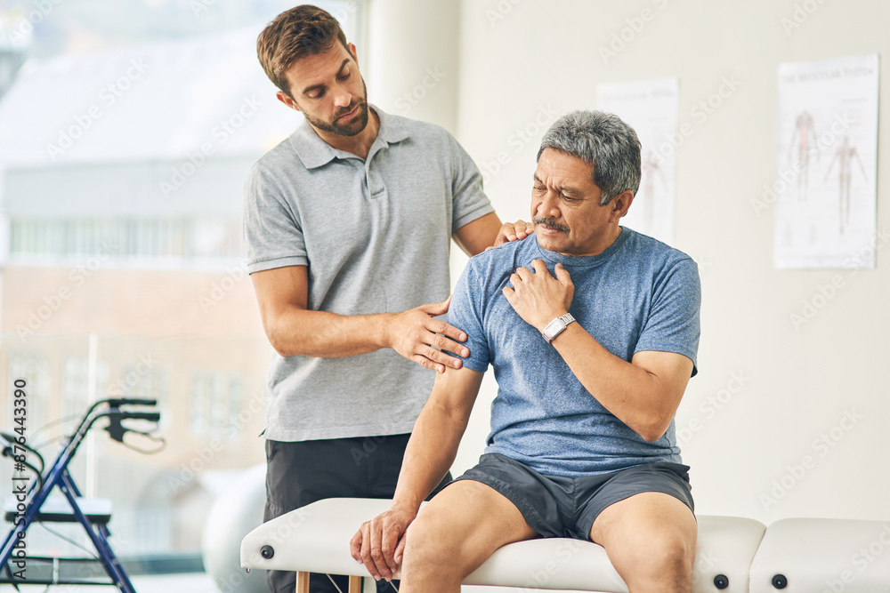 Fototapeta premium Physiotherapist, senior man and shoulder pain for support, elderly care and wellness for health or fitness. Pensioner, male person and medic for appointment, rehabilitation clinic or retirement home