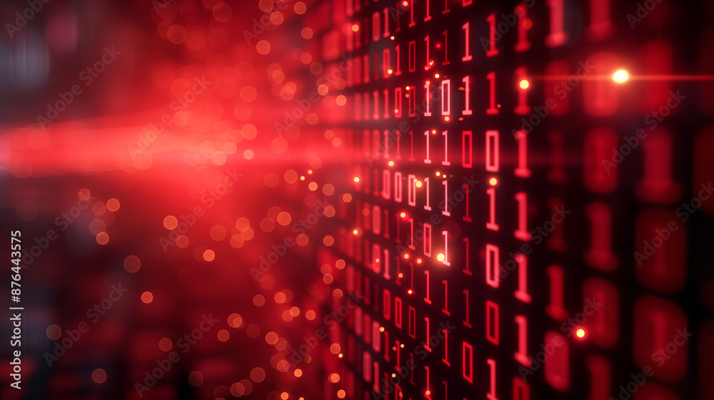 Obraz premium Digital code matrix in glowing binary data system with red abstract pattern background
