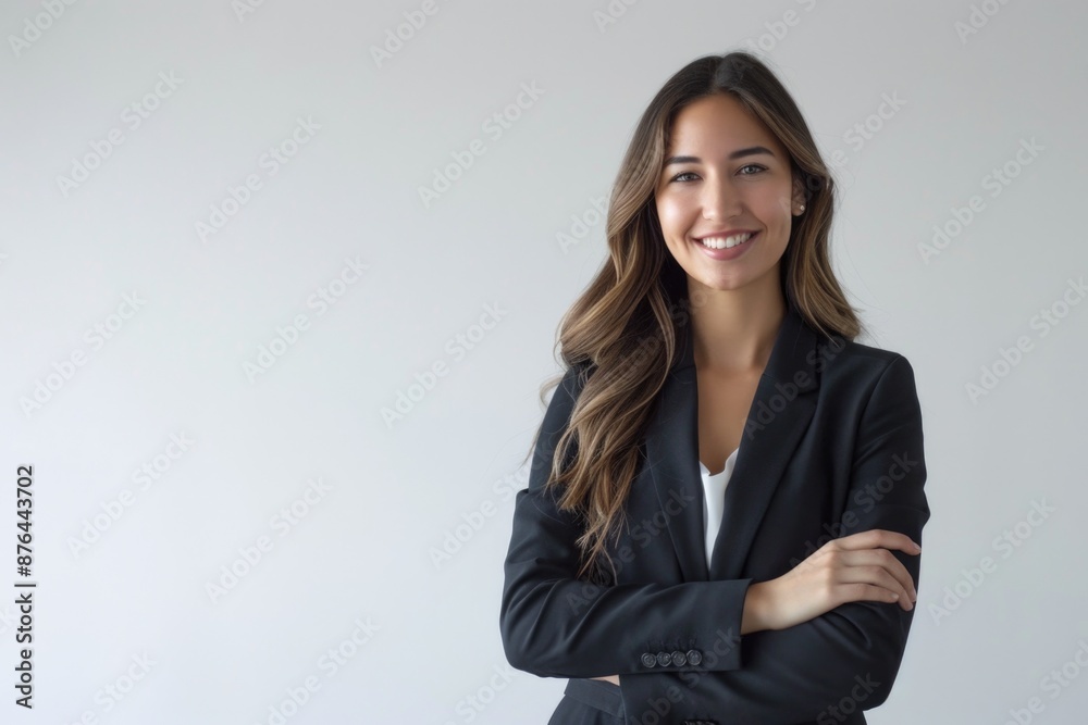 A woman in a professional outfit, standing with her arms crossed, giving a serious expression A woman in a professional outfit, standing with her arms crossed, giving a serious expression
