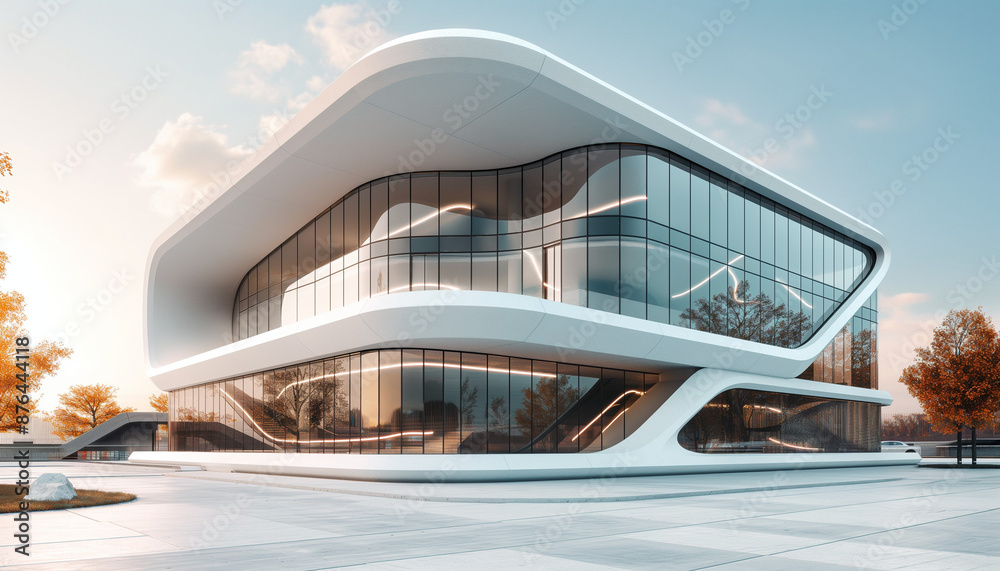 Fototapeta premium A modern futuristic building with sleek curves and large windows creating a cutting-edge architectural design