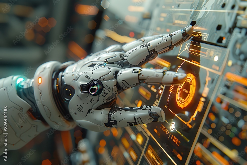 Futuristic Cyborg Hand Interacting with Advanced Digital Interface Futuristic Cyborg Hand Interacting with Advanced Digital Interface