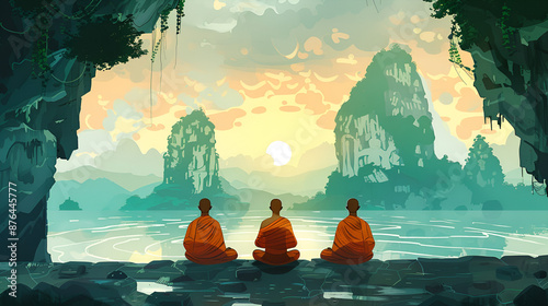 Cartoon Style Painting of Meditating Buddhist Monks Meditation Aspect 16:9