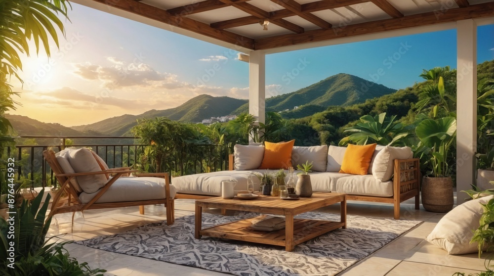 Fototapeta premium Luxury terrace in exotics, minimalist vintage style