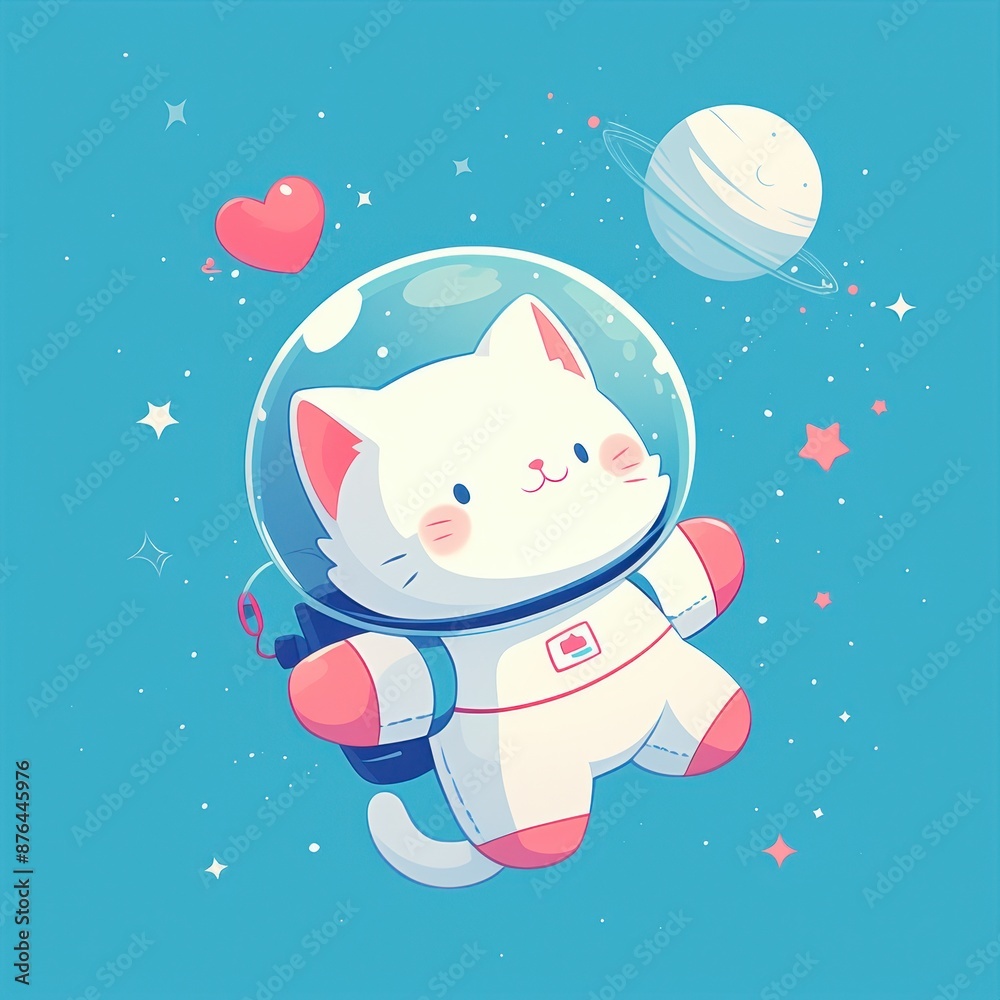 Fototapeta premium Cute cat astronaut floating in space with a heart and stars