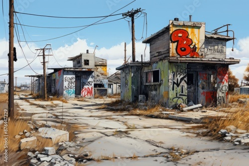 Gang graffiti tags scrawled across abandoned buildings, marking territory and sending messages to rival factions