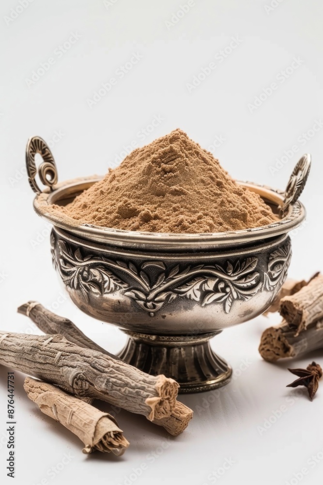 A silver bowl filled with cinnamon and cinnamon sticks A silver bowl filled with cinnamon and cinnamon sticks