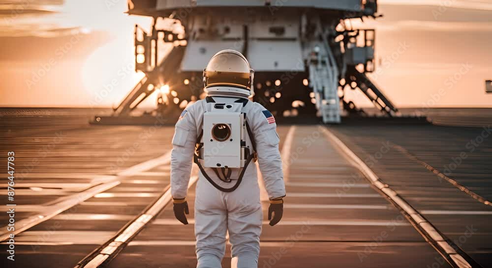 Astronaut next to a rocket launch pad.
