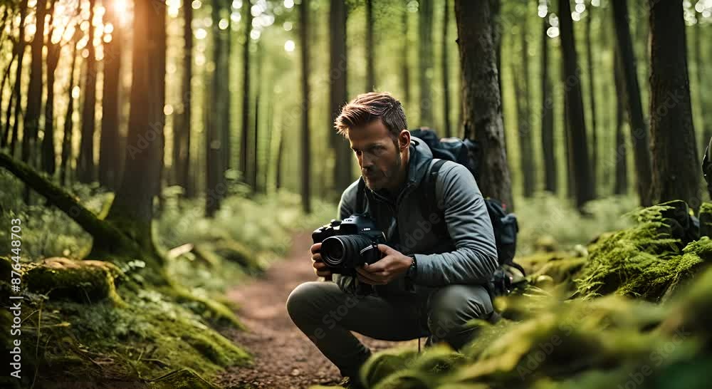 Wild photographer with a camera in the forest. Wild photographer with a camera in the forest.