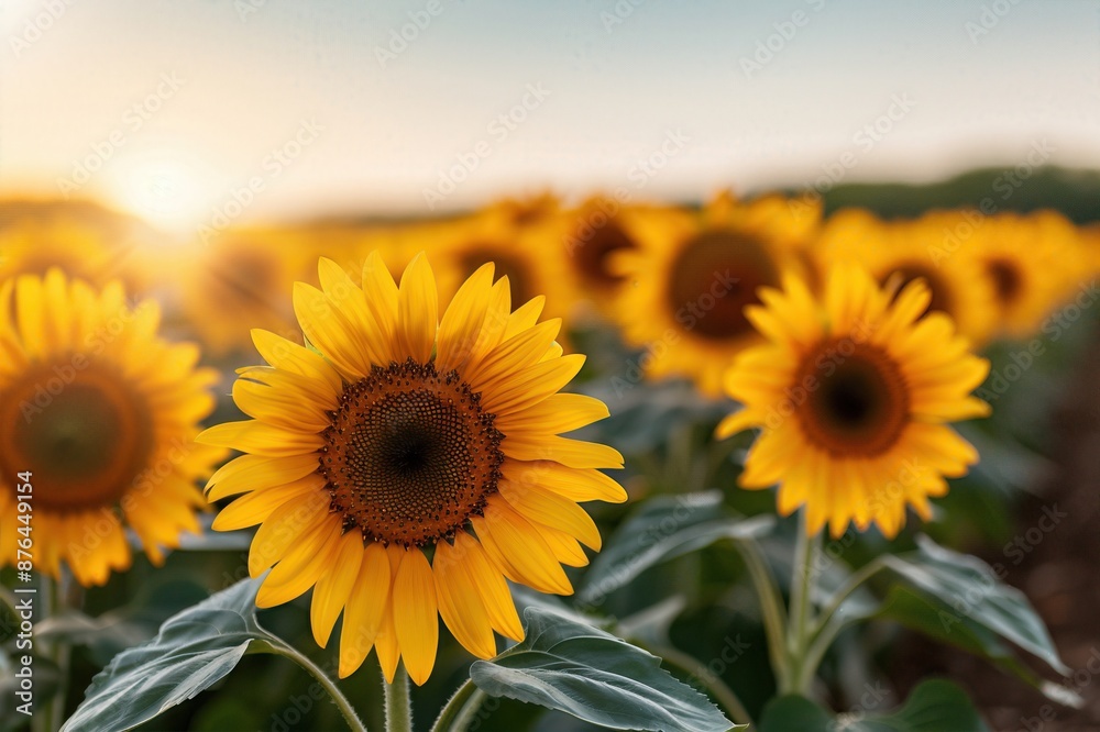 Fototapeta premium Sunny summer day over a vibrant sunflower field, with clear blue skies
