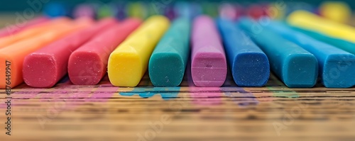 Rows of colorful erasers lined up on a teachera??s desk photo