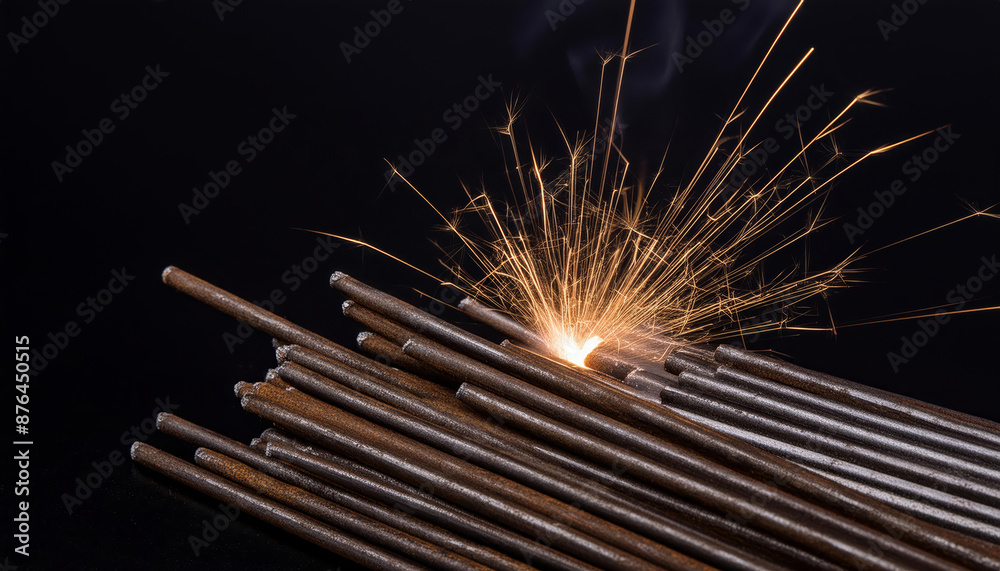 Obraz premium Welding Electrodes with Sparks on Black Background. Welding and metalwork