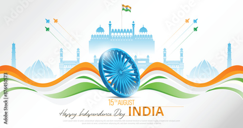15 th August Indian Independence Day banner template design with Indian flag and silhouette of Indian monument.