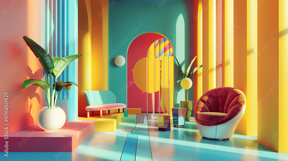 an intriguing 3D illustration with vibrant colors, featuring an abstract interior space an intriguing 3D illustration with vibrant colors, featuring an abstract interior space