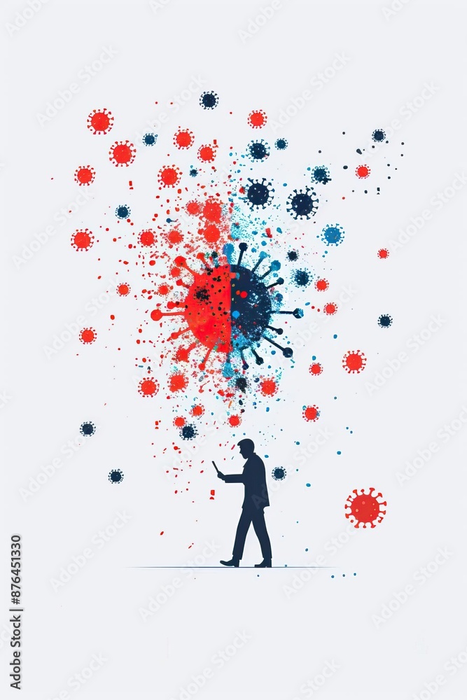 Abstract illustration of a person with colorful virus particles, symbolizing the impact of Covid-19 on humanity. Abstract illustration of a person with colorful virus particles, symbolizing the impact of Covid-19 on humanity.