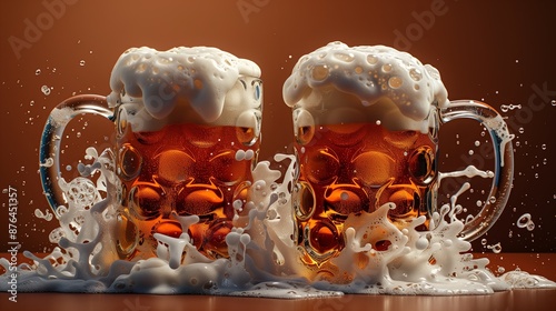 Two glasses of beer on a dark background with splashes and drops photo