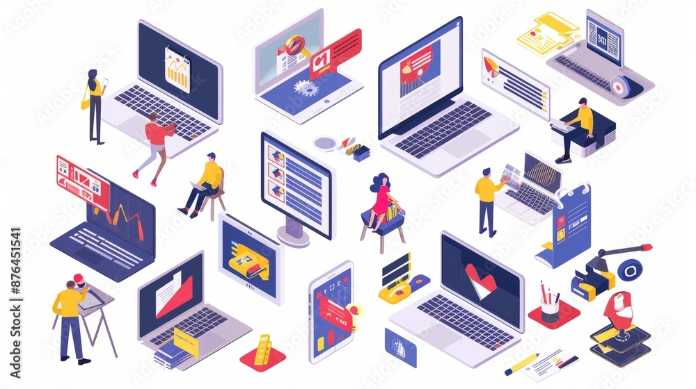 Isometric vector illustrations depicting the process of creating software applications. Isometric vector illustrations depicting the process of creating software applications.