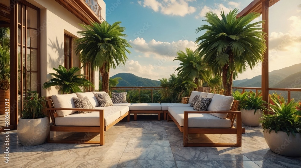 Fototapeta premium Luxury marble terrace around green exotic plants