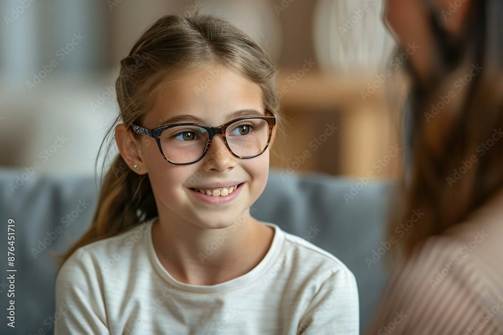 Beautiful smiling happy girl with glasses sitting on sofa learning sign languages from a woman with a well-groomed beard. Beautiful smiling happy girl with glasses sitting on sofa learning sign languages from a woman with a well-groomed beard.