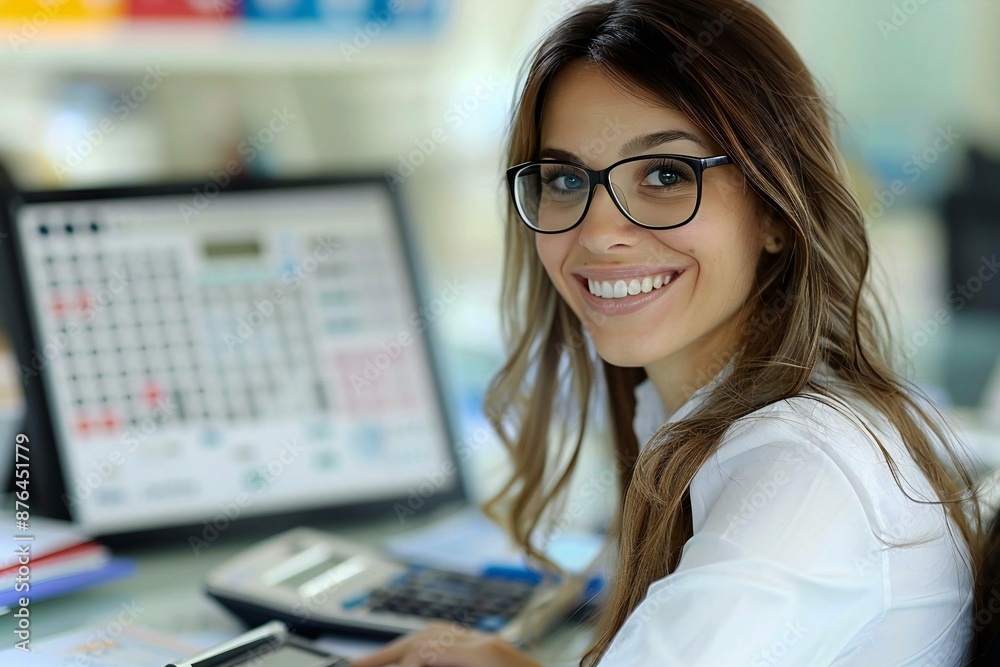 Woman accountant with eyeglasses and a beautiful smile, calculating invoice with calculator in the office. Woman accountant with eyeglasses and a beautiful smile, calculating invoice with calculator in the office.