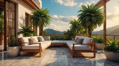 Luxury marble terrace around green exotic plants © Karolina