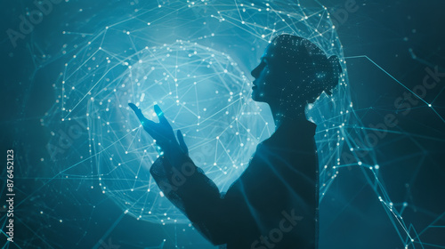  A gorgeous supermodel businesswoman interacts with abstract particles of an AI hologram, depicting a futuristic environment and the future of innovation and technology