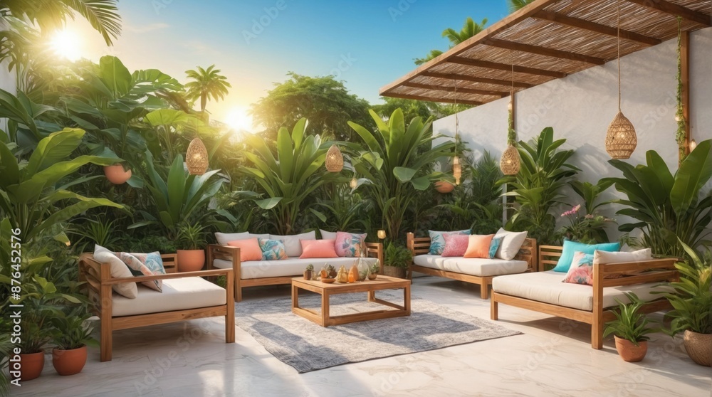 Fototapeta premium Luxury marble terrace around green exotic plants