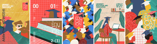 Education at university, college and school. Vector abstract modern illustration of graduates, textbooks, pattern, studying student at computer preparing for exams and doing homework for poster